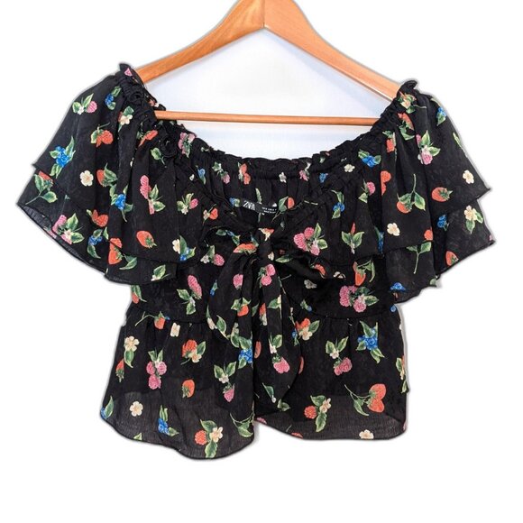 Zara | Black Floral & Berry Print Ruffle Crop Top | Size Small - Picture 8 of 15